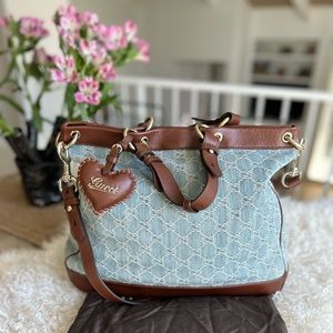 Gucci Blue/Brown GG Distressed Denim and Leather Medium Valentine Tote